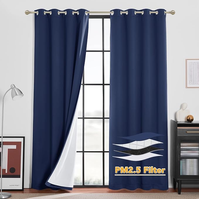 RYB HOME 100% Blackout Curtains, Noise Reducing 108 inch Curtains Dust Filter Draft Block Window Drapes Privacy Drapes for Living Room Playroom Nursery, W52 x L108 inch, Navy Blue, 2 Panels