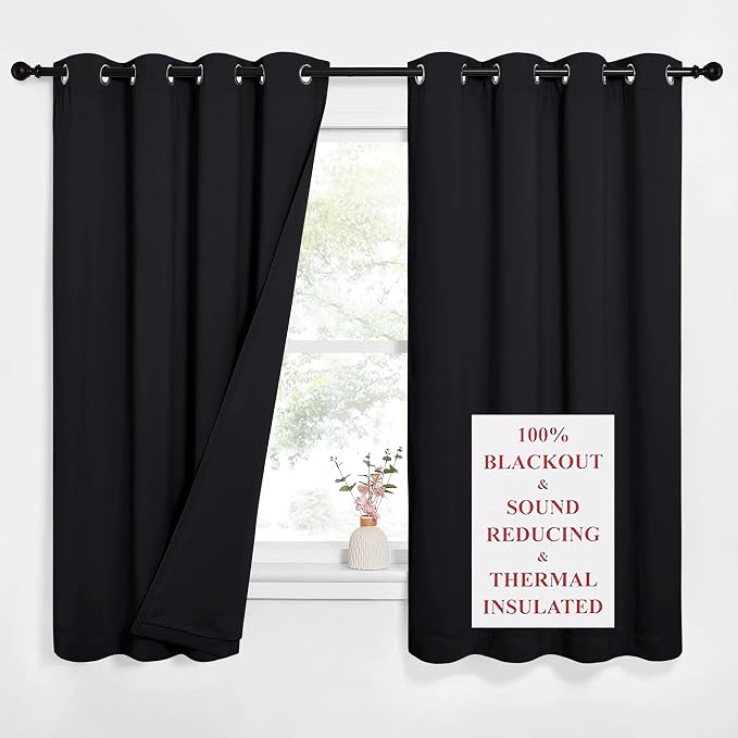 NICETOWN Sound Blocking Black Out Curtains for Nursery Bedroom, Full Blackout Noise Preventing Thermal Insulated Drapes, Noise Barrier Privacy Panels for Kicthen/Cafe (Black, 52" Wide x 63" Long)
