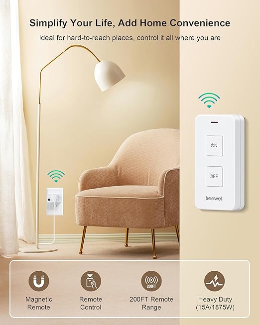 Remote Control Outlet with Portable Magnetic Switch, 200FT Long Range Wireless On Off Switch, Mini Electrical Outlet Plug, 15A/1875W High-Power for Lamps, Lights, Household Appliances