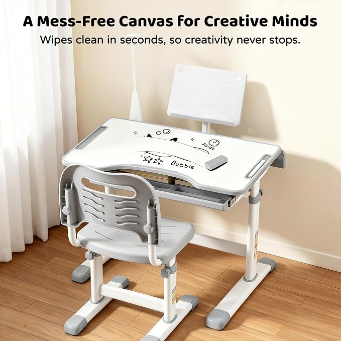 Diroan Kids Desk and Chair Set with LED Light, Height-Adjustable for Age 7+ | Ergonomic, Large 0‑45°desk, Sturdy steel frame, Storage drawer, Bookstand, Metal hook