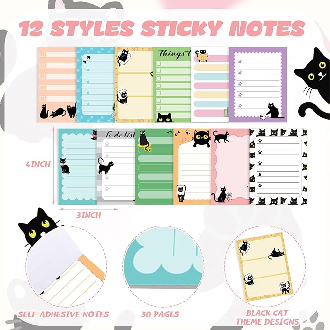 12 Pads Black Cat Sticky Notes 3x4 Inch Cat Notepad Cute Self Stick Notepads Funny Adhesive Memo Pad Office Decor Gifts for Animal Lover Gift Meeting Office Christmas Supplies