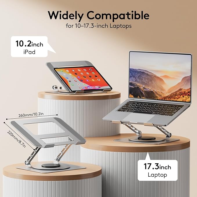 TECKNET Laptop Stand for Desk - 360° Rotating Base, Ergonomic Foldable Computer Stand for Laptop Riser, Height Adjustable, Compatible with MacBook Pro, Dell XPS, HP, and All Laptops 10-17" (Silver)