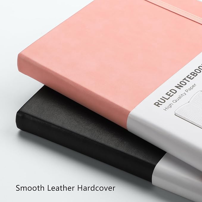 RETTACY Lined Journal Notebook, 2-Pack, 192 Numbered Pages per Pack, A5 Medium Size (5.7'' x 8.3''), for Men & Women, Writing, Work, Leather Hardcover, 100 GSM Thick Paper (Black & Pink)