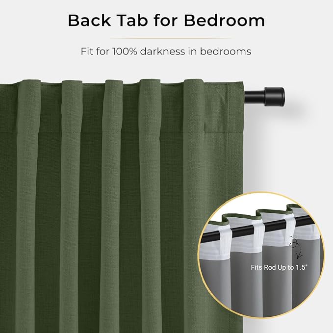 INOVADAY 100% Blackout Curtains for Bedroom, Olive Green Black Out Curtains 96 Inch Long, Clip Rings Linen Blackout Drapes, Thermal Insulated Room Darkening for Living Room, 2 Panels - W50xL96