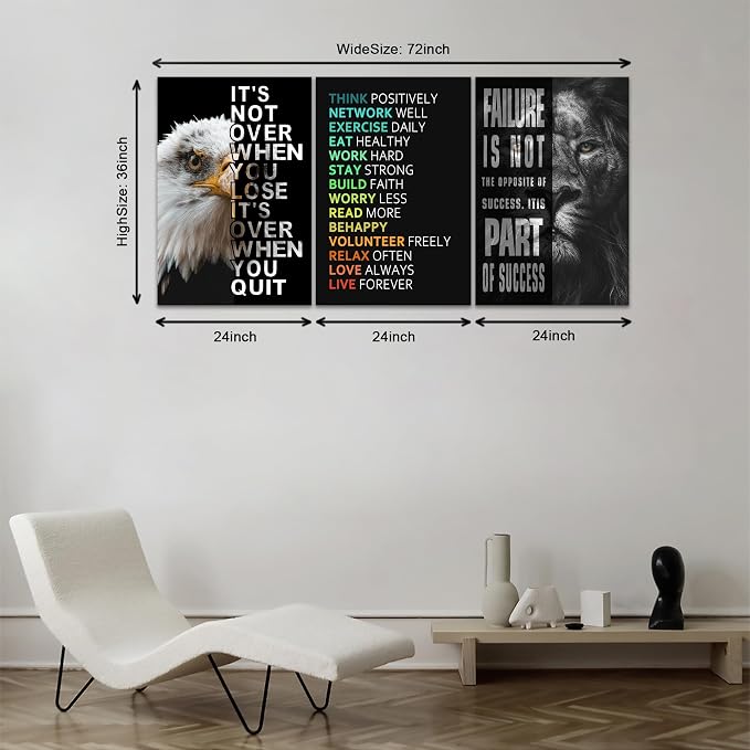 KAWAHONE Motivational Wall Art -Bald Eagle and Lion Inspirational Picture Animal Positive Quotes Wall Poster Framed Motivational Office Decor for Success Ready to Hang