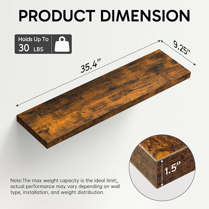 BAYKA Floating Shelves, 35.4 inches Long Wall Mounted Rustic Wood Shelves for Bathroom, Bedroom, Living Room, Kitchen, Office, Hanging Shelf for Books/Storage/Decor(Rustic Brown,Set of 2)