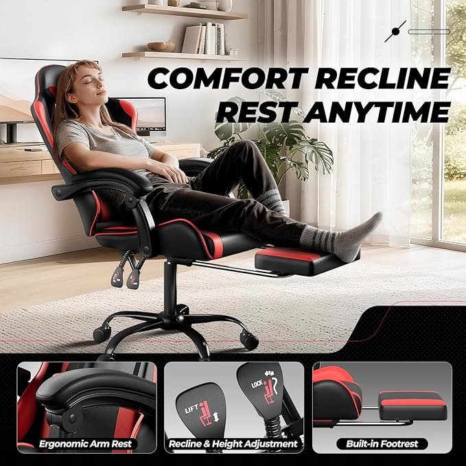 Auto Dynasty Ergonomic Gaming Chair, High-Back Office Chair w/Adjustable Lumbar Support, Linkage Armrest, Headrest & Footrest, 350LBS Recliner Swivel Computer Game Racing Chair, Red/Black