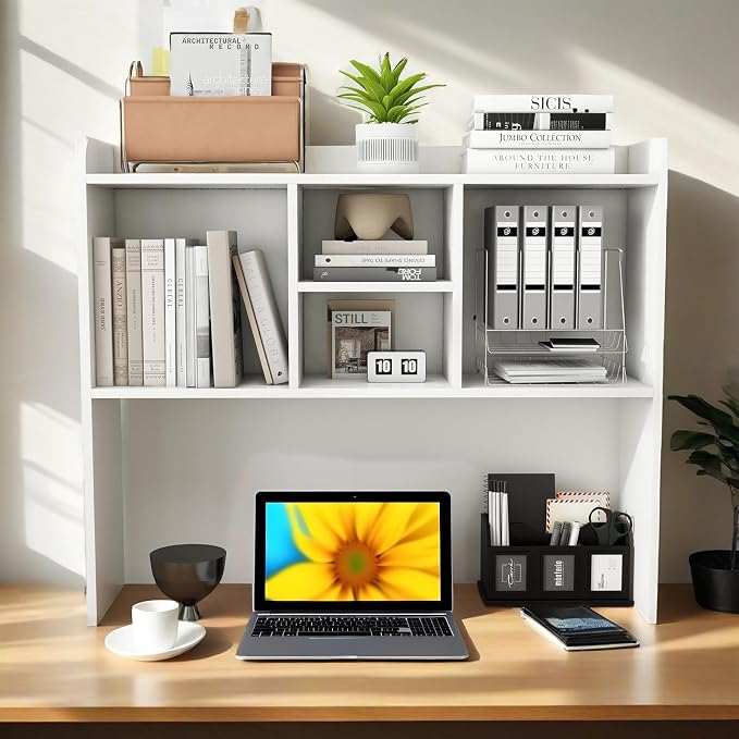 COBANA Desktop Bookshelf, Countertop Storage Hutch, Desk Organizer, White | Desktop Storage Shelf, 5 Shelves for Computer Desk, Adjustable, Detachable, Durable, Suitable for Office Home Dorm