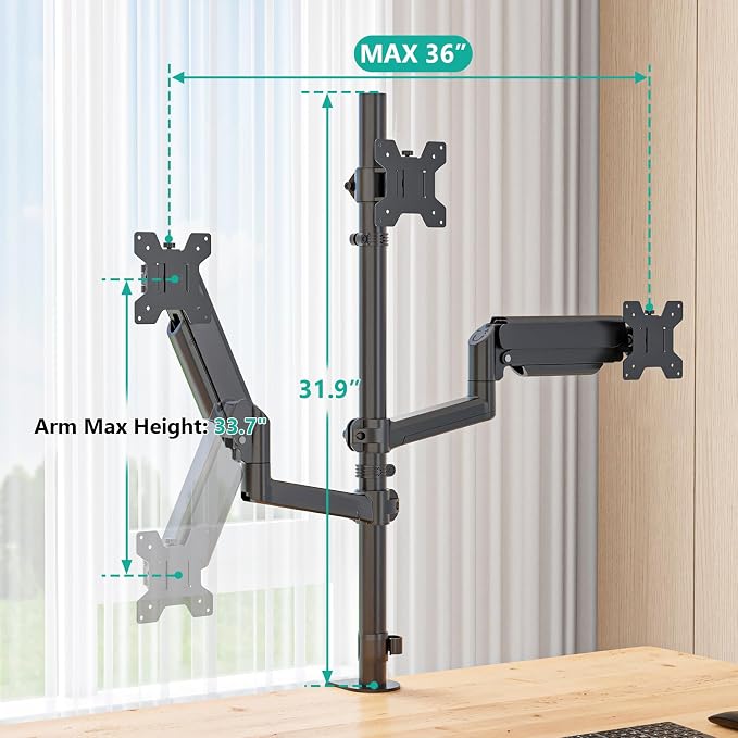 WALI Stacked Triple Monitor Mount for 13-27 inch Screens, 19.8 lbs per Arm | Tall 3 Monitor Desk Mount, Full Motion with Tilt, Swivel, Rotation, C-Clamp & Grommet Base, VESA 75/100mm (GSDM003S), Black