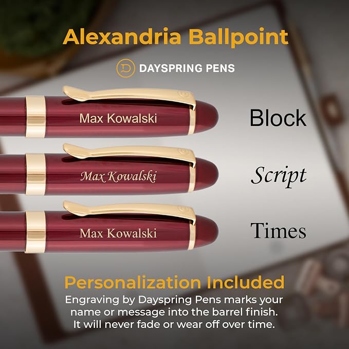 Dayspring Pens | Engraved Alexandria Twist Action Red Ballpoint Gift Pen with Case. Custom Engraved With Gift Recipient Name or Custom Message.