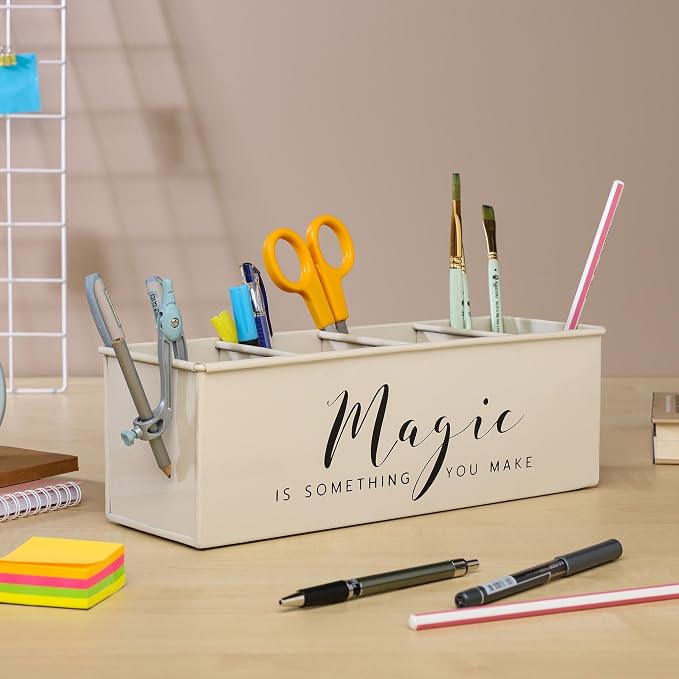 dudki Desk organizer with 4 compartments for office table | stylish Metal Desk Organizer | Stationary Storage | Pencil Holder for Office, Home, and Study Table (Magic) Beige