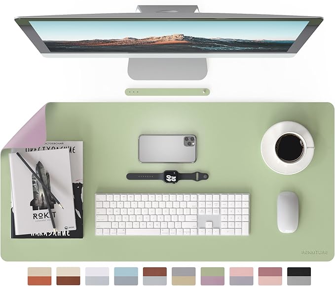 RENMTURE Double-Sided Two-Tone Faux Leather Desk mat Desktop Organization and Accessories Home and Office Large Mouse pad Game and Work (Matcha Green/Lavender Purple, 36"x17")