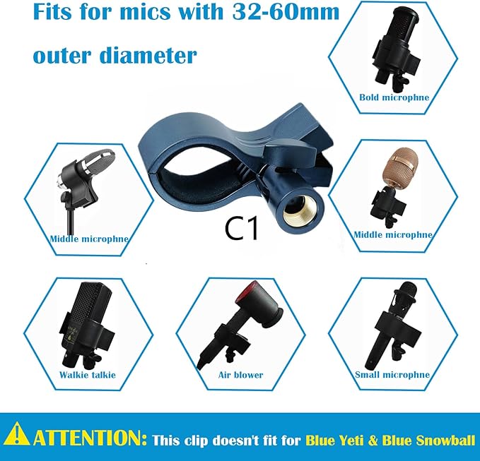 2 Pack KayNicam Universal Microphone Clip Holder for Dynamic & Condenser Mics - Adjustable Mic Clamp for 0.6" to 2.4" Diameter (1.5-6cm) - Includes 5/8", 3/8", 1/4" Metal Threads.