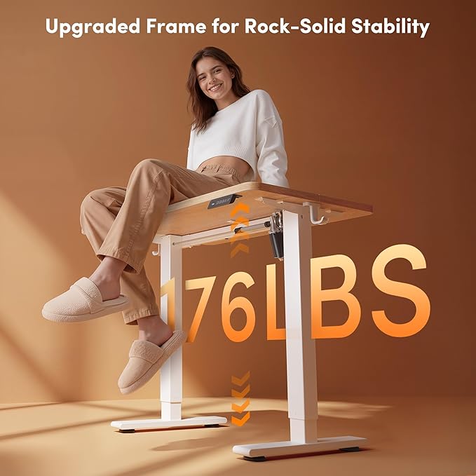 Cubiker Standing Desk, 32" Small Sit Stand Home Office Desk, Electric Stand up Desk, Adjustable Desk with Splice Board, White Frame/Maple Top
