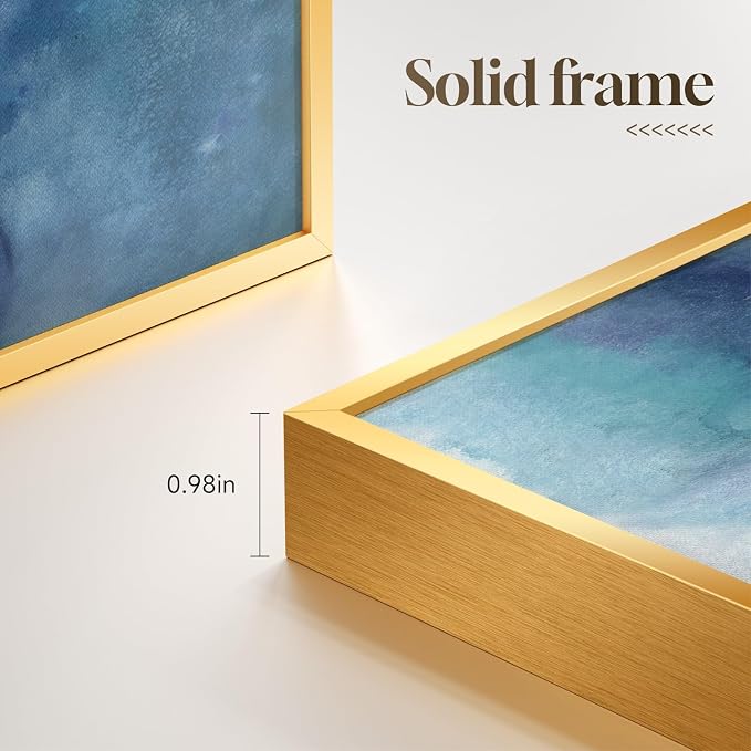 Large Framed Abstract Wall Art for Living Room, Luxury Modern 3 Piece Blue and Gold Prints Paintings Artwork for Walls, Contemporary Elegant Pictures Wall Decor for Dining Room Bedroom Office 24x36 In
