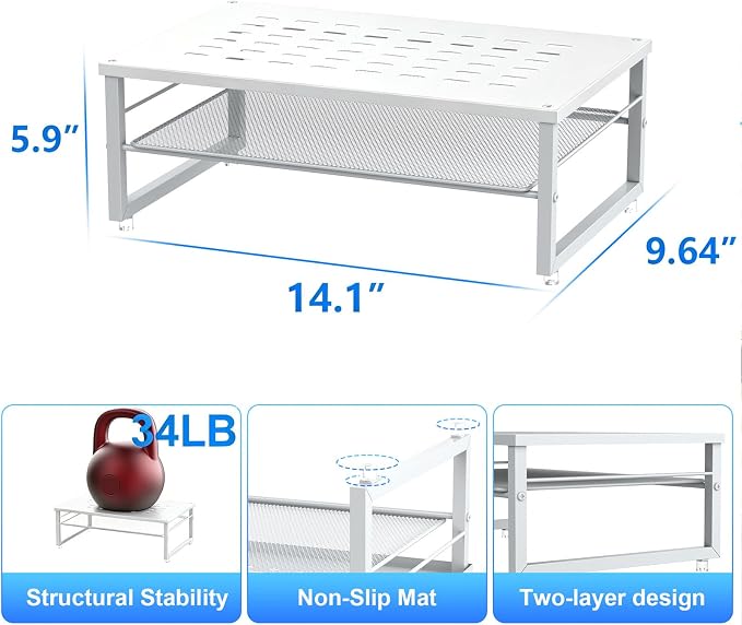 gianotter 2-Tier Metal Monitor Stand Riser, Desk Accessories & Workspace Desk Organizers, Office Desk Storage Organizer for Office Supplies (White)