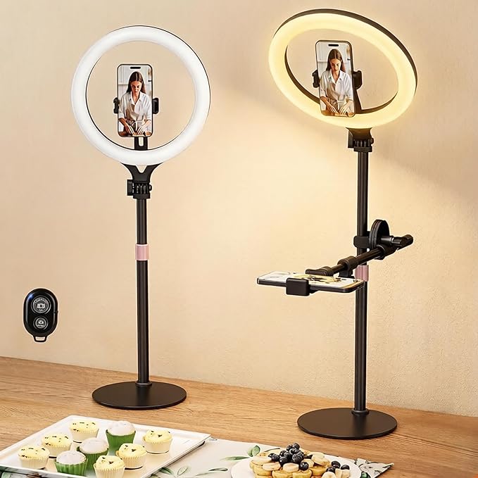 11" Desk Ring Light,Wireless Bluetooth Ring Light with Stand & Phone Holder,Overhead Phone Mount for Video Recording,Tripod for Cooking Videos,Webcam Lamp/TikTok/YouTube,Compatible with iPhone Camera