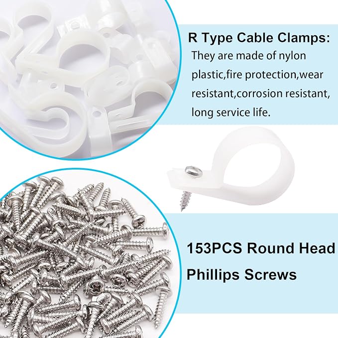 TWTADE 306PCS White Cable Clamps Assortment Kit, Nylon Plastic R-Type 6 Sizes 3/16'' 1/4'' 3/8'' 1/2'' 3/4'' 1'' Cable Mounting Wire Clips Fastener with Screws for Wire Management