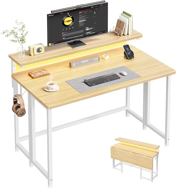 Folding Desk,Foldable Computer Desk with Monitor Stand,39.4 Inch Gaming Desk with LED Lights & Hooks,Space Saving Sofa Table for Couch,Home Office Desk for Bedroom Living Room,Oak
