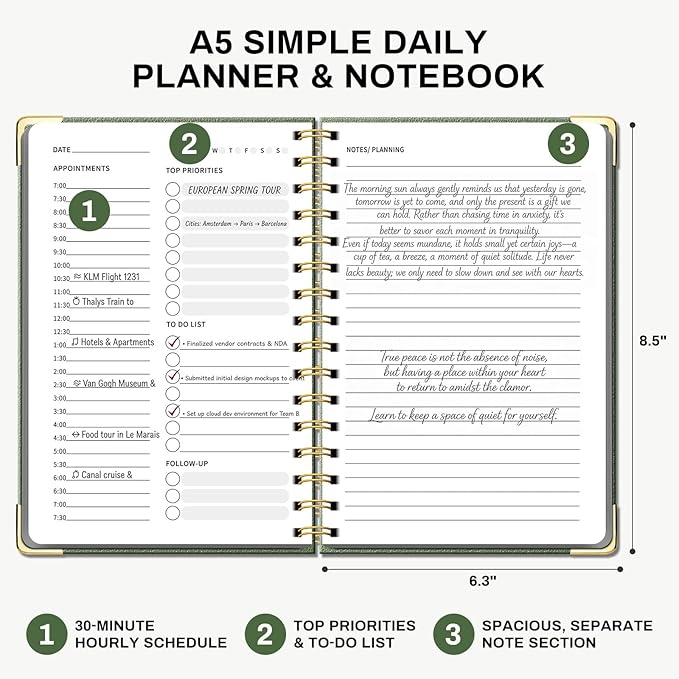Ovesmusl Undated Daily Planner - 126 Days Hourly Schedule & To Do List - A5 PU Leather Hardcover Spiral Notebook planner with stickers, Metal Corner Protectors & Back Pocket for Work & School, Green