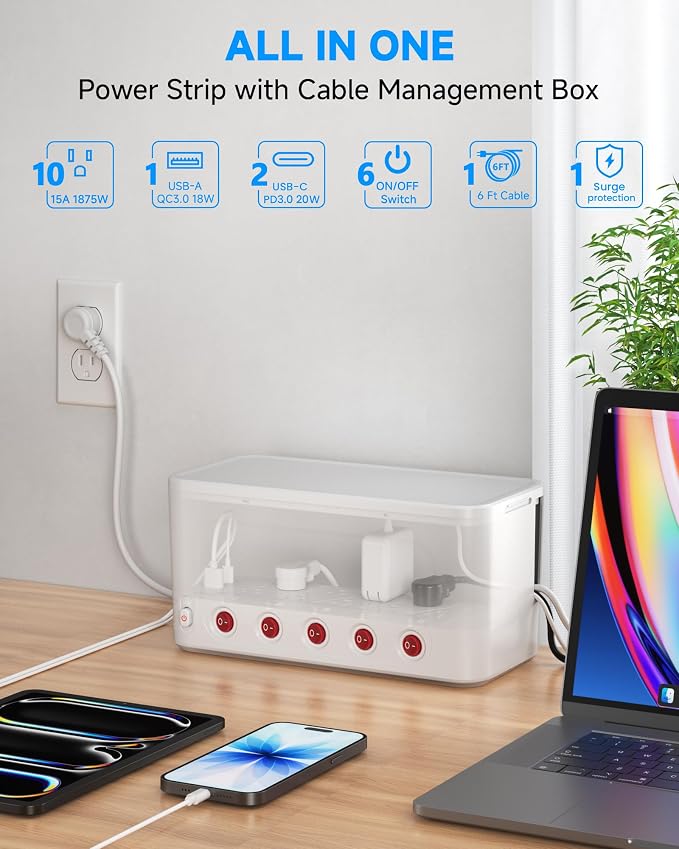 Power Strip with Cable Management Box, Large Cord Organizer Box,White | Power Strip Box with 10 Outlet and 3 USB Port,Individual Switches,6ft Flat Plug Extension Cord,Under-Desk Wire Storage Hider