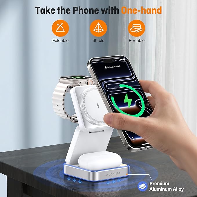 【2026 Upgraded】Wireless Charger 3 in 1, Foldable Wireless Charging Station with Light for Apple Magnetic Charger, Travel Magnetic Charger for iPhone 17/16/15/14/13/12 Apple Watch AirPods (20W Adapter)