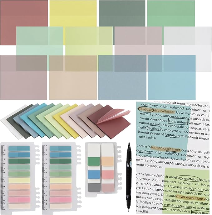 Vuzvuv 1120 Sheets Transparent Clear Sticky Notes with Pen,3x3 Inch Bulk Translucent Sticky Notes Set for Bible Tabs, Book Tabs, Office School Supplies(Morandi Colors)
