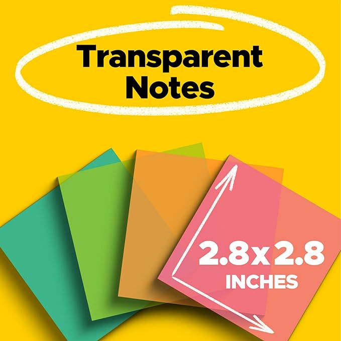 Post-it Transparent Notes, 2.8 in. x 2.8 in., Blue, Pink, Green and Orange Sticky Notes, Second Semester School Supplies, Office Products, Great for Studying, 8 Pads