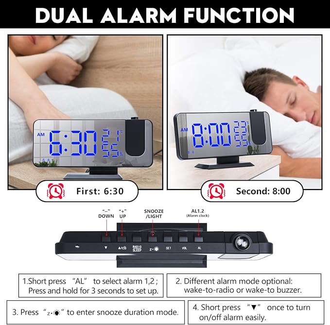 Projection Digital Alarm Clock for Bedrooms,Alarm Clock Radio on Ceiling, | USB Charger Port, Temperature & Humidity Display, 7.3” Large Mirror LED Display,12/24H,Snooze,Dual Loud Clock- 4 Dimmer