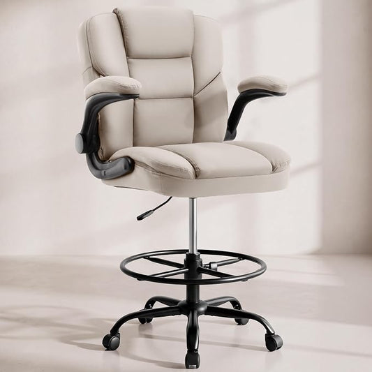 Drafting Chair 500Lbs, Tall Office Chair for Standing Desk, High PU Leather Executive Office Chair with Flip-up Armrests, Ergonomic High Chair with Adjustable Foot Ring, Comfy Stool Chairs, Beige