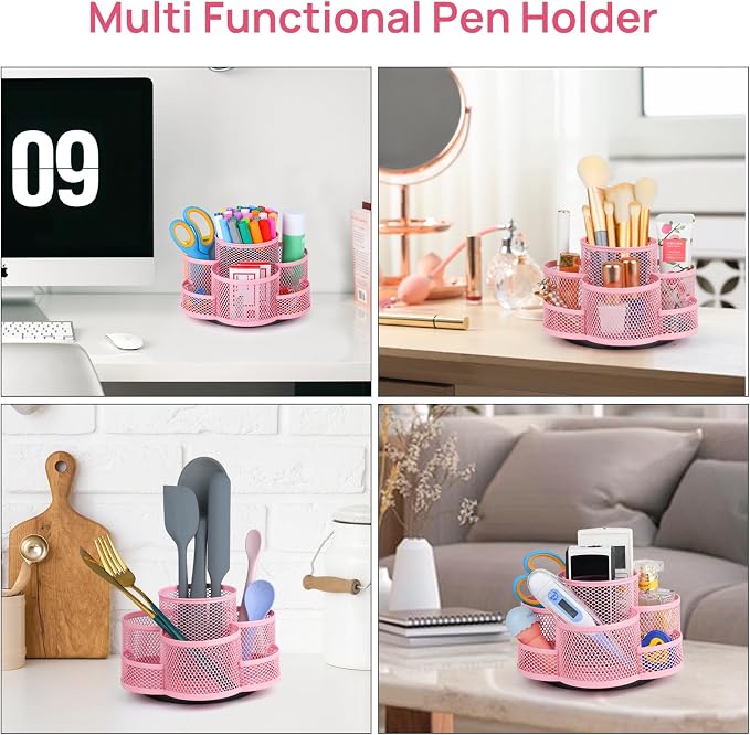 Topwey Pink Rotating Pencil Holder for Desk Office | 360-degree Rotation, 7 Compartments, Metal