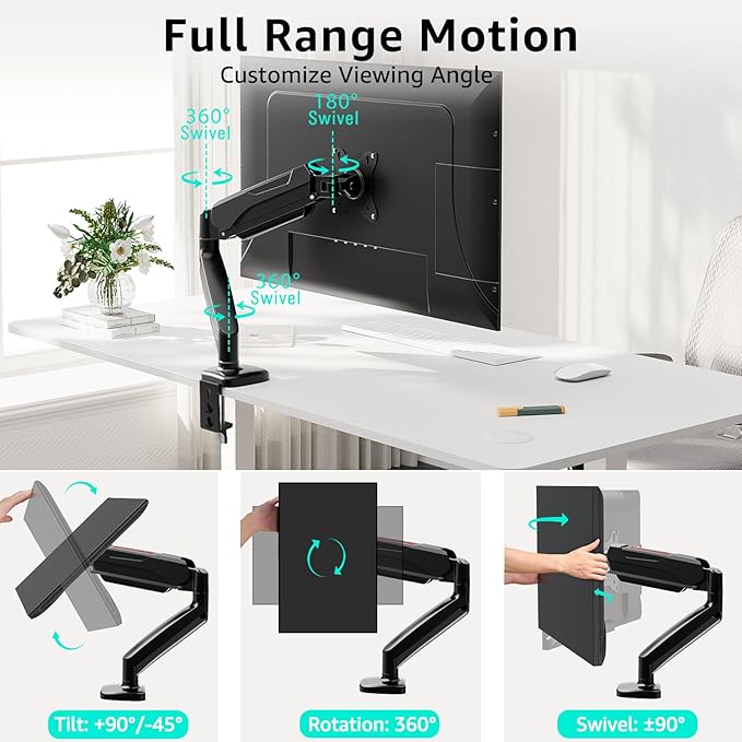 Redragon GMK914 Single Monitor Mount Stand - Gas Spring Adjustable Arms with VESA 75/100mm, 13-32 Inch Screen Compatibility, C Clamp & Grommet Base, Cable Management, 17.6lbs Load Capacity