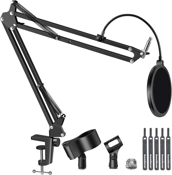 InnoGear Mic Stand for Blue Snowball and Blue Snowball iCE Boom Arm Stand with Pop Filter Microphone Holders for HyperX QuadCast SoloCast Fifine Shure SM7B and Other Mic, Max Load 1.5 KG, Medium