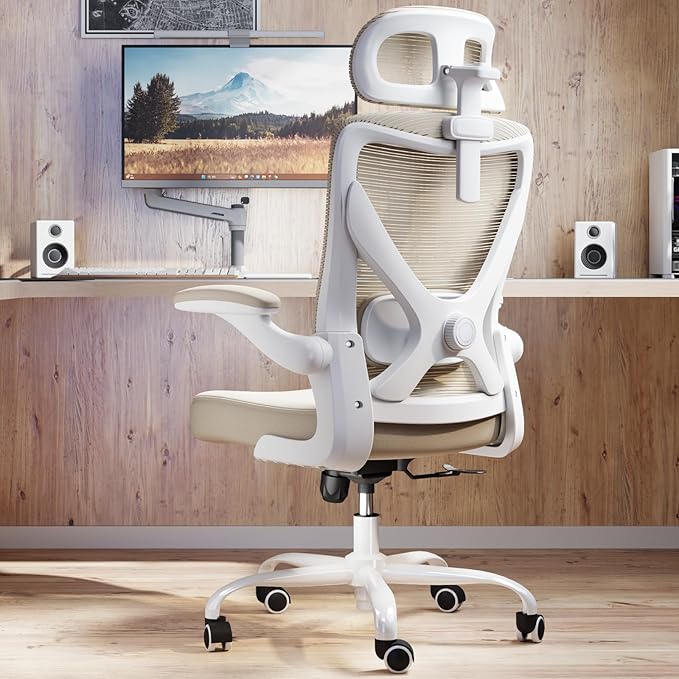 Ergonomic Office Chair: Mesh Desk Chair Comfy with Headrest& Lumbar Support | Ergalithic Big and Tall Office Chairs with Wheels & Flip-Up Arms-Computer Gaming Chairs for Adults Home Office Chairs(Beige)