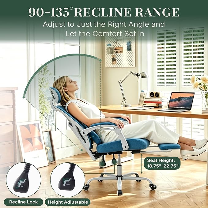 Ergonomic Office Chair with Footrest, High Back Home Desk Chair with Lumbar Support & Headrest, 90-135° Reclining Mesh Back Computer Chair with Wheels for Work, Gaming, Blue