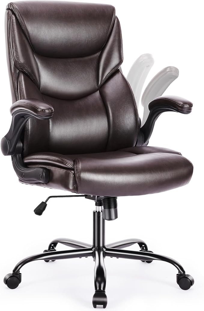 DUMOS PU Leather Office Chair - Ergonomic Executive Computer Desk Chairs with Adjustable Flip-up Armrest, Swivel Task Chair with Lumbar Support, Strong Metal Base,Dark Brown