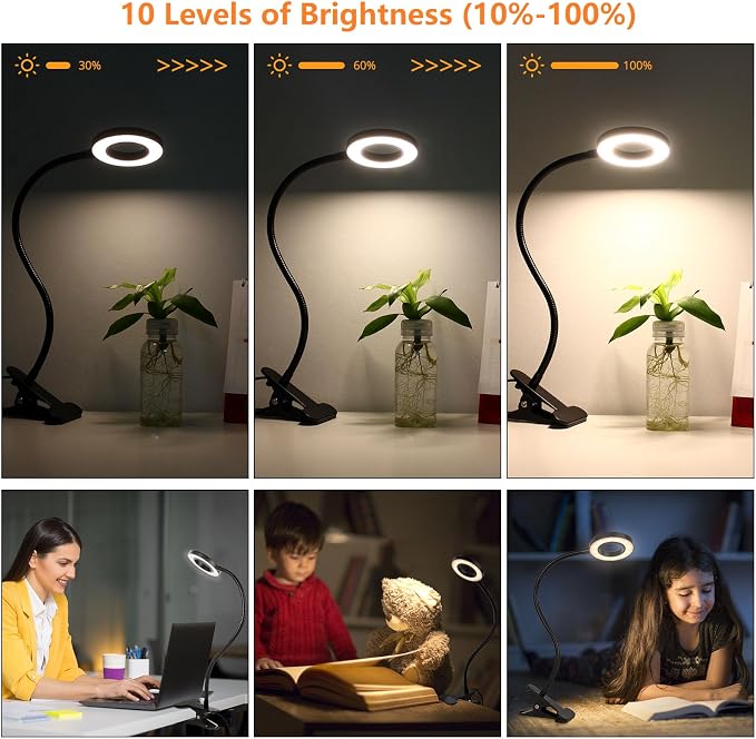 Woputne Desk Clip on Lamp for Reading Home Office, with 5V 2A Adapter, 10 Dimmable Brightness 3 Modes, Clamp Reading Light for Bed Headboard, Craft (2packs, Black)…