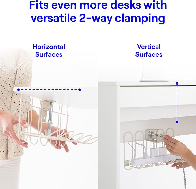 CarryUp Under Desk Cable Tray for Dorm Room - Cream | No Drill Wire Management Clamp, Computer Cord Organizer, Cable Hider & Holder, Cord Office Organization, Dorm Essentials