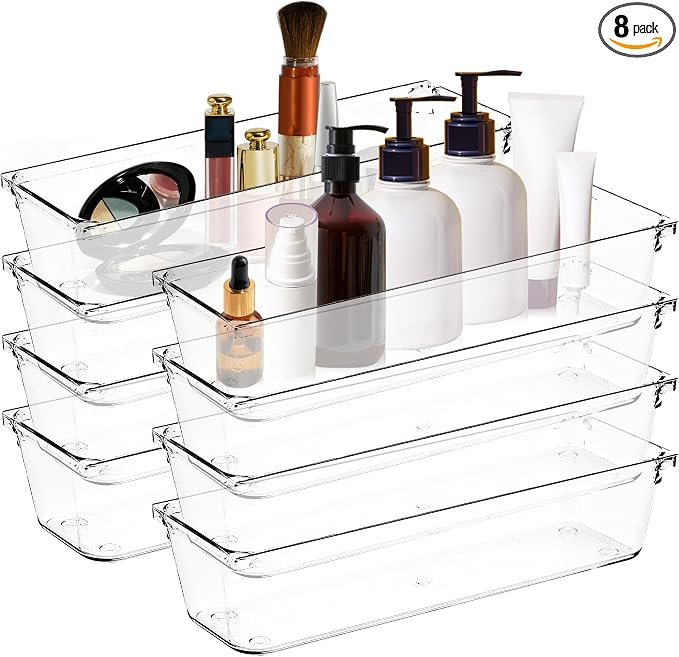 8 Pack Drawer Organizers, 3"X 9" Clear Acrylic Storage Bins | Acrylic Tray Design, Non-Slip Pads, Desk Storage Helper, For Makeup, Jewelry, Kitchen, Bathroom, Office Organization