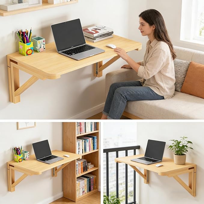 Fold-Away Wall Table , Solid Wood Folding Table, Wall mounted computer desk, study desk，Tables suitable for laundry rooms, kitchens, apartments, dormitories, or Studios (70*50cm/27.5*19.6in)