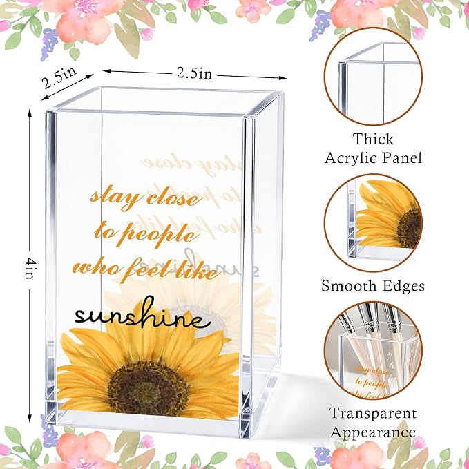 Acrylic Pen Holder Cup Farmhouse Desk Decor, Sunflower Pencil Holder Organizer, Rustic Office Accessories Gift for Women
