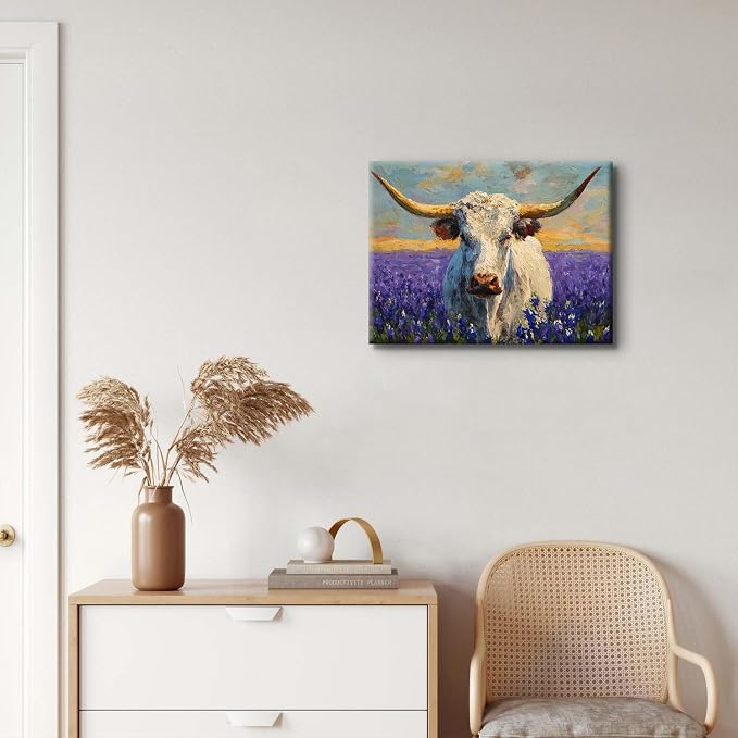 Purple Lavender Wall Art Highland Cow Wall Decor Abstract Nature Texas Longhorn Cow Canvas Picture for Kitchen Living Room Watercolor Sunset Meadow Scenery Poster Western Artwork Decoration 12x16”