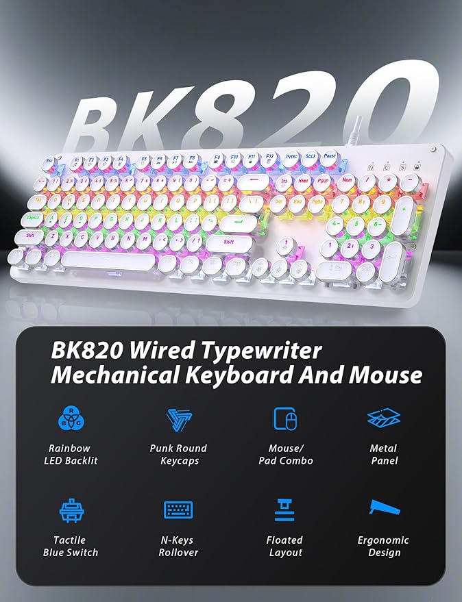 Typewriter Mechanical Gaming Keyboard and Mouse, Metal Panel Retro Keyboards with Round Keycap Blue Switch, Rainbow LED Backlit 104-Key Anti-Ghost Wired Mouse and Pad Combo for PC Laptop Mac Gamer