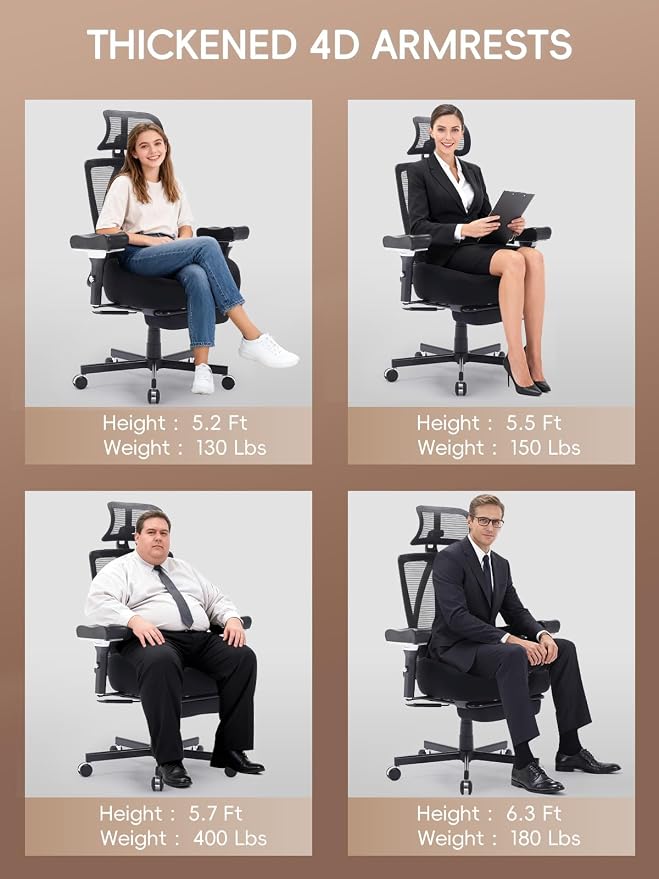 Big and Tall Office Chair 700lbs, Ergonomic Desk Chair with W Wide Thick Cushion, Executive Mesh Office Chair with Adjustable Headrest, Lumbar, Footrest, 4D Armrest Computer Task Chairs for Nap, Black