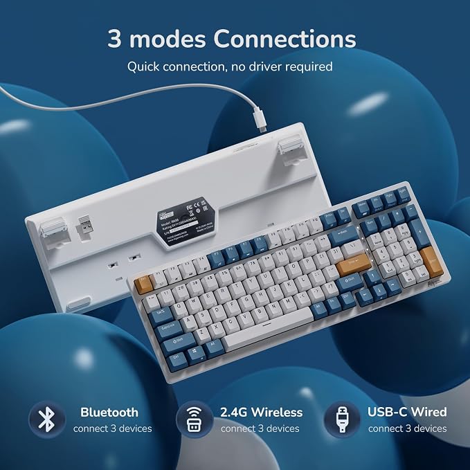 RK ROYAL KLUDGE RK98 Wireless Mechanical Keyboard, Triple Mode 2.4G/BT5.1/USB-C Hot Swappable Keyboard with Number Pad, Pre-lubed Clicky Switches RGB Backlit Gaming Keyboard, Software Support