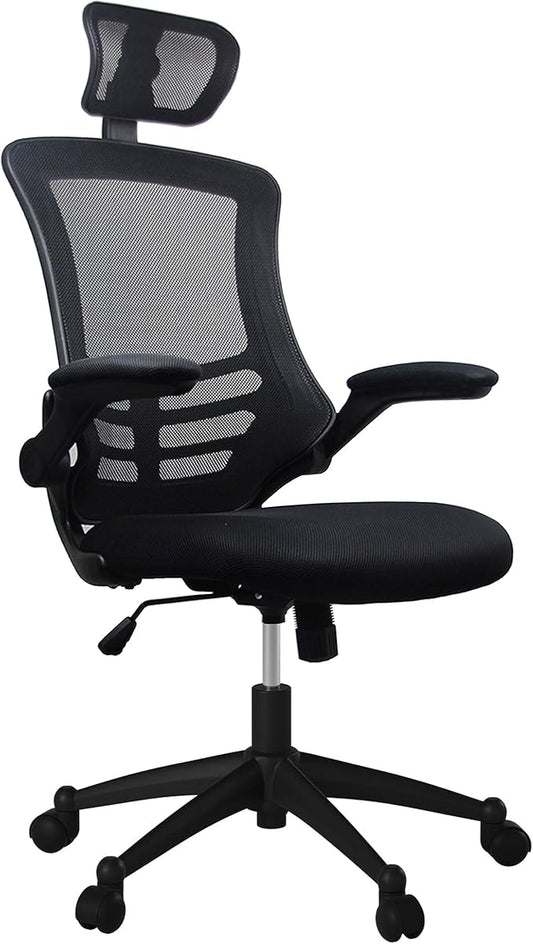 Techni Mobili High-Back Mesh Office Chair with Headrest, Recline, Black | Executive mesh office chair, adjustable headrest, flip-up arms, recline control, height adjustable, swivel chair, ergonomic