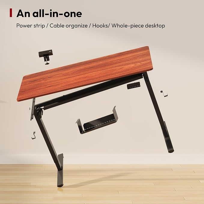 SANODESK Electric Standing Desk with Desk Clamp Power Strip 48"x 30" Whole-Piece Desktop Height Adjustable Stand Up Desk with Cable Management Sit Stand Home Office Desk Black Frame/Mahogany Top