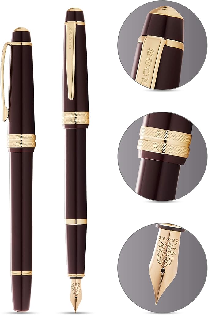 Cross Bailey Light Polished Burgundy Resin and Gold Tone Fine Nib Fountain Pen - Professional Pen for Effortless Writing - Journaling, Note-Taking & More - Black Ink - Easy Handling