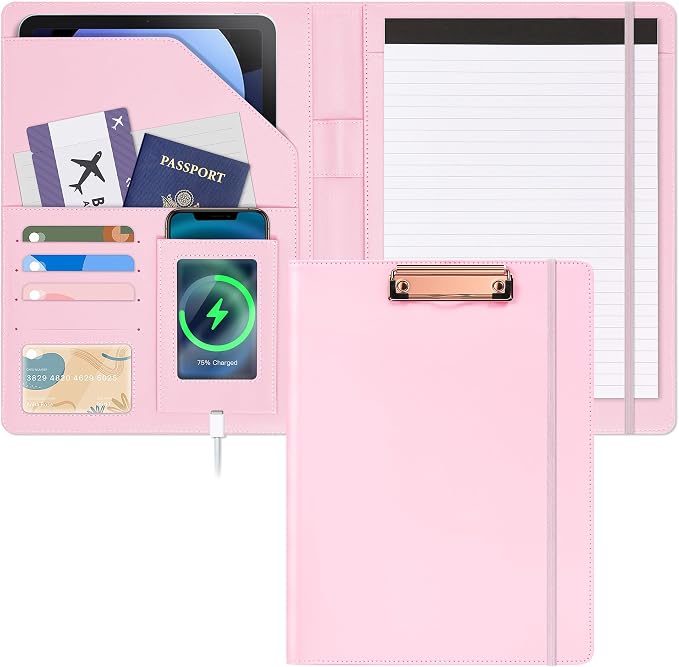 Ospelelf Pink Business Padfolio for Women, Faux Leather Clipboard Folio with Notepad and Pocket, Resume Legal Pad Holder
