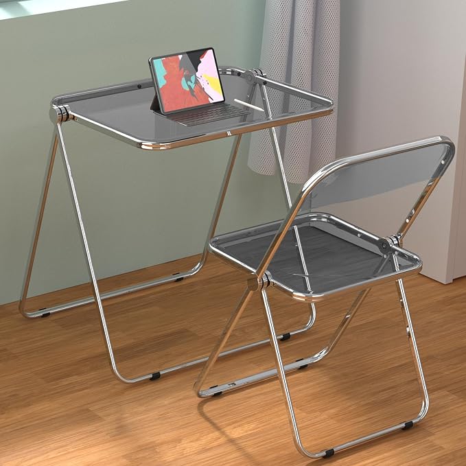VINGLI Folding Acrylic Table and Chair Set Small TV Tray for Snack Dinner on Couch, Tiny Foldable Desk Writing Desk for Home Office for Small Spaces (Grey)